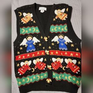 Vintage Sweater Loft New York Angel Pattern Knit Sweater Vest Button Up SZ S USA